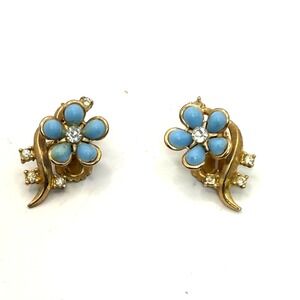 Vintage Blue Flower Clip On Earrings Gold Tone Rhinestone Accent Floral Earrings